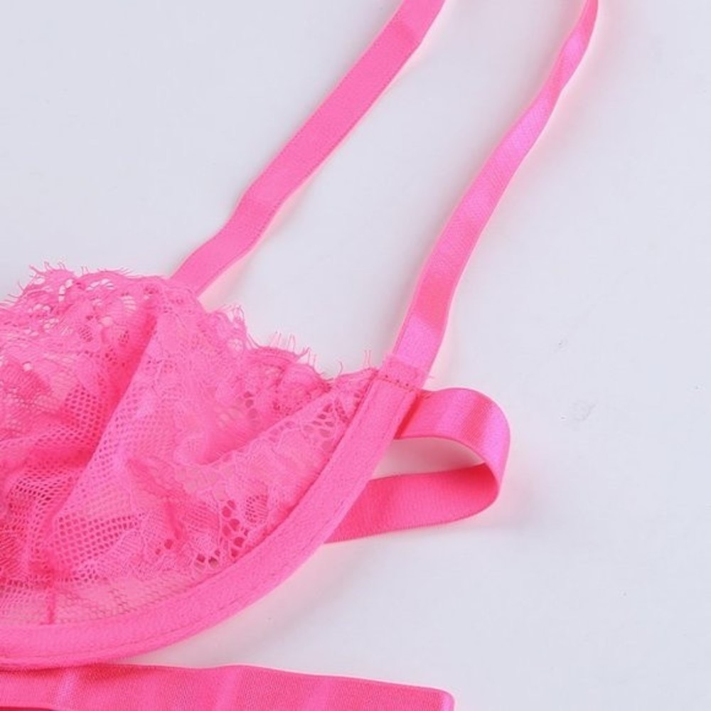 Neon Pink Lace Balconette Bralette Lingerie Set - Picture 14 of 15